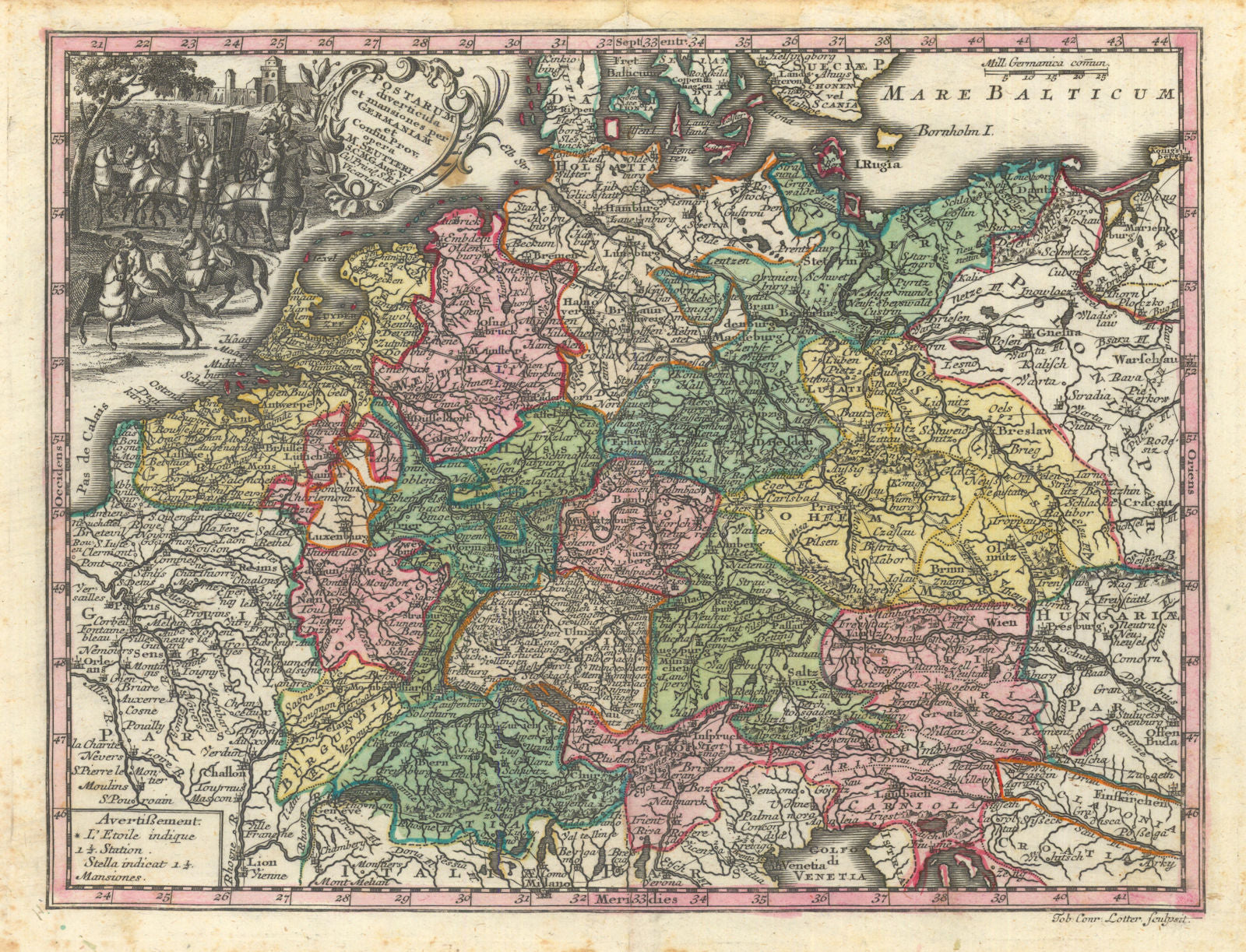 Postarum diverticula & mansiones per Germaniam. German Postal map. Seutter c1744
